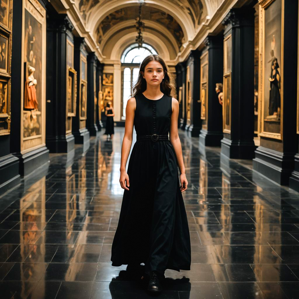 Teenager in Black Maxi Dress at Museum