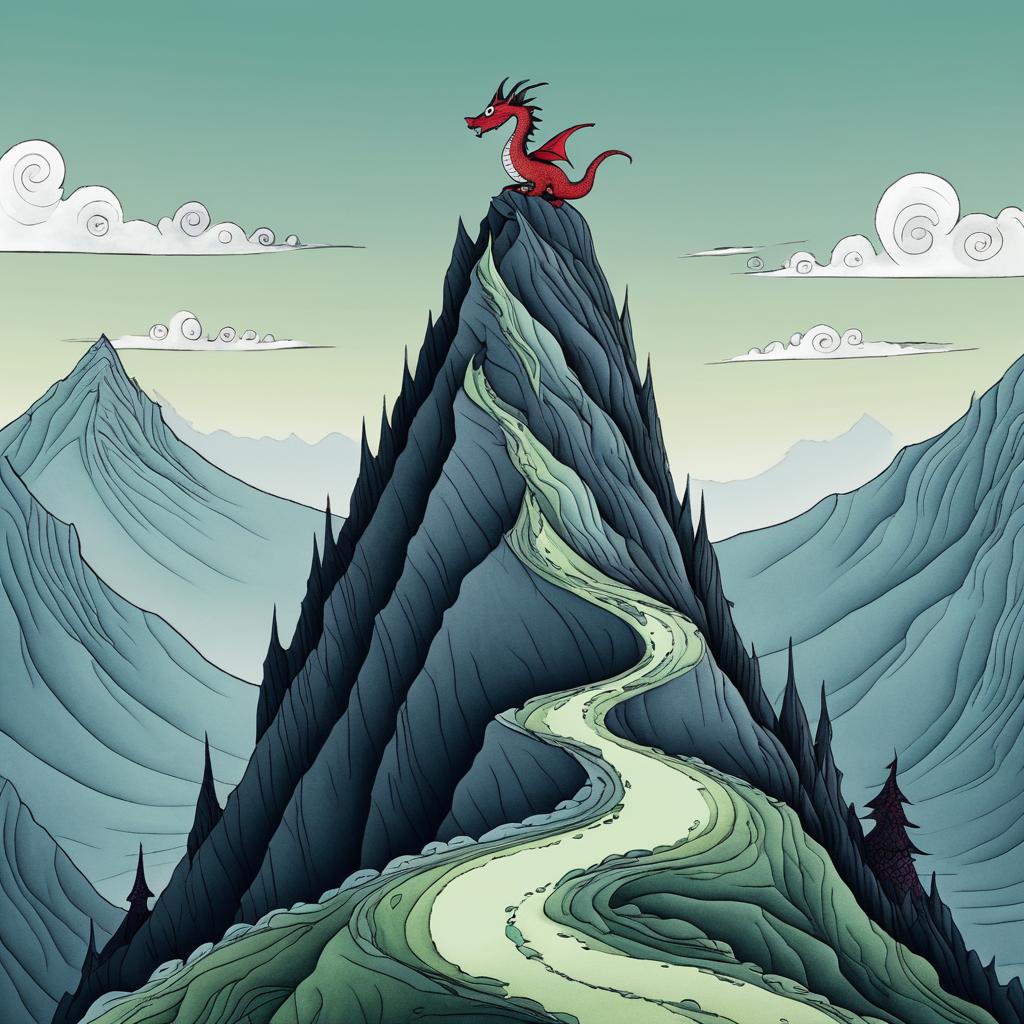 Whimsical Grumpy Dragon on Mountain Peak