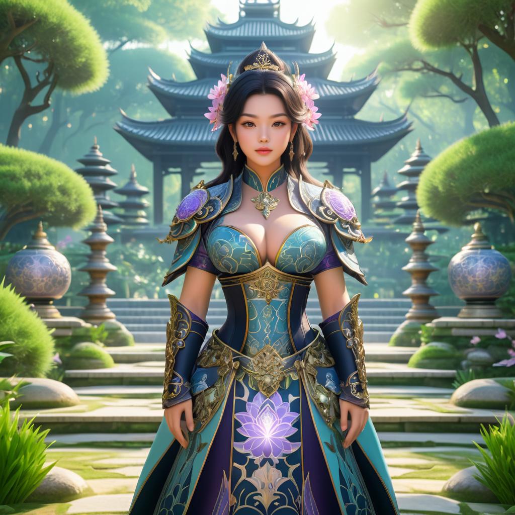 Enchanting Armor-Clad Woman in Zen Garden