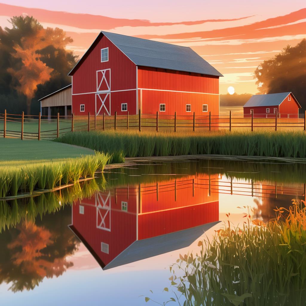 Rustic Barn Reflected at Sunset