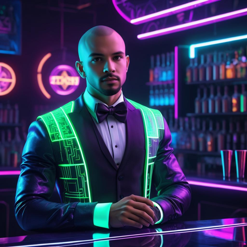 Futuristic Cyberpunk Bartender in Neon Bar