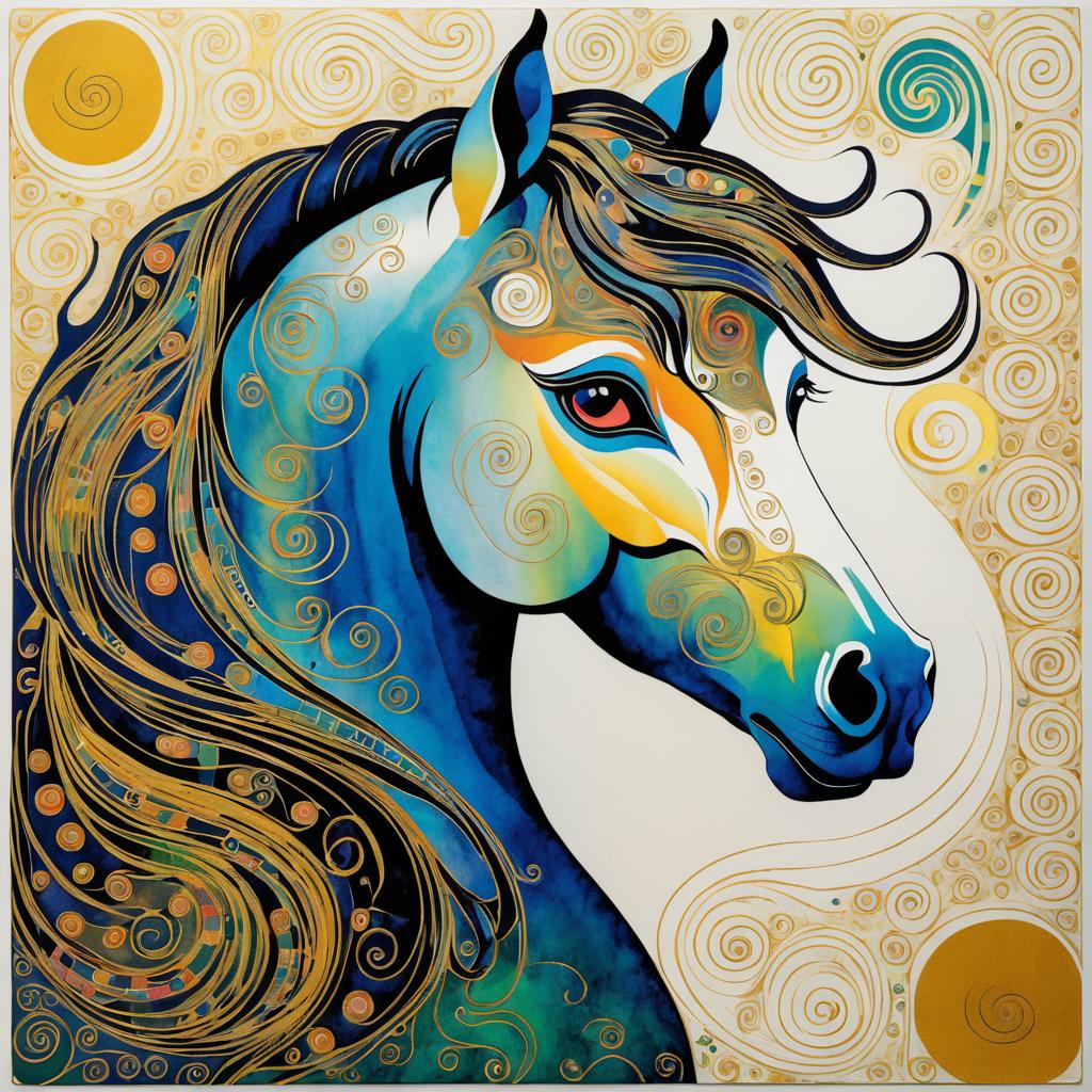 Whimsical Horse Lithography in Klimt Style