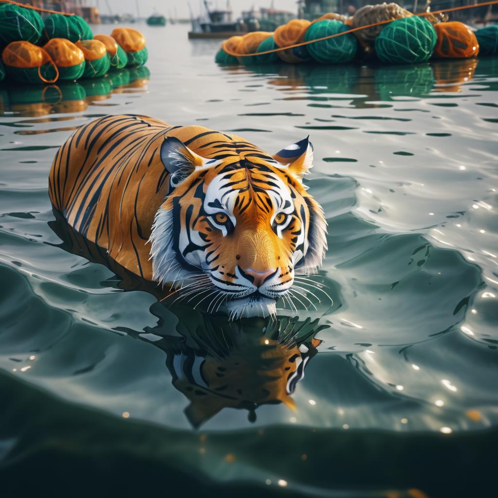 Bengal Tiger Swimming in Harbor Scene