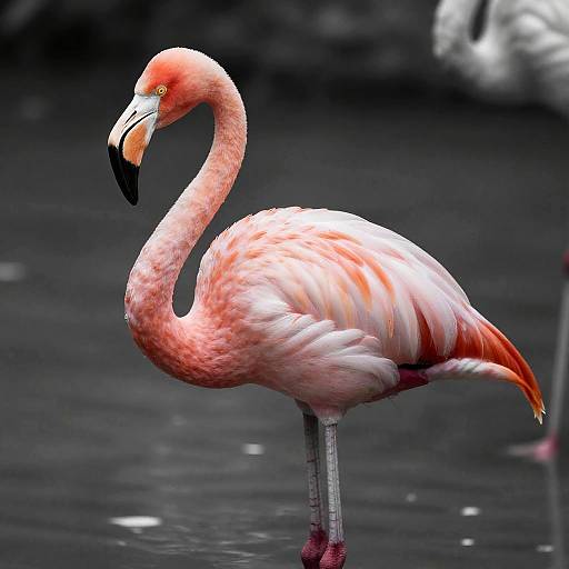 Photograph of a pink flamingo with a curved neck, standing in dark water, vibrant pink and orange feathers, black-tipped beak.