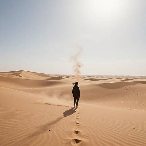 Photograph of a solitary figure in a black outfit standing in vast, sunlit desert sand dunes with footprints trailing behind.
