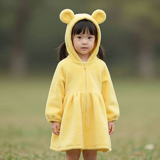 Photograph of a young Asian girl with dark hair in a yellow bear-hooded furry dress, standing in a grassy park.