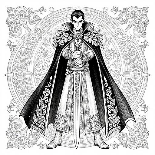 Black-and-white digital drawing of a muscular, armored, medieval knight with a long, ornate cloak, standing confidently against a circular, intricate patterned