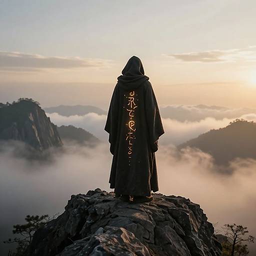 Digital artwork of a hooded figure in a dark cloak with runes, standing on a rocky peak overlooking misty mountains at sunrise.