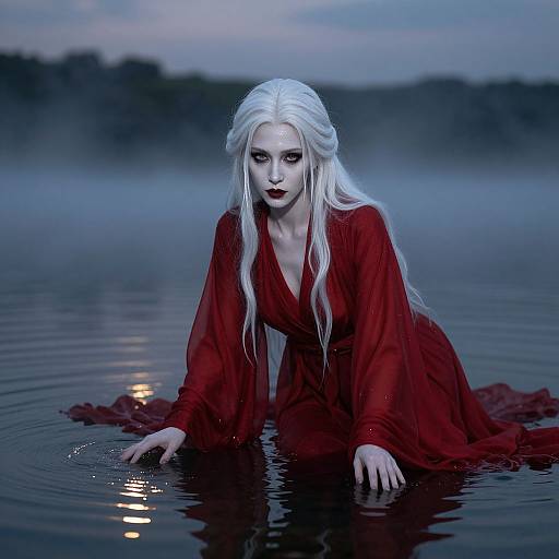 White-Haired Vampire Emerging from Misty Lake