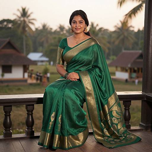 Photograph of a smiling Indian woman in a green silk saree with gold borders, seated on a wooden balcony at sunset, with palm trees and traditional