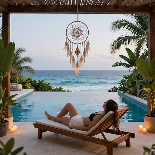 Photograph of a woman in a black bikini, reclining on a wooden lounge chair, overlooking a tropical ocean view pool. Dreamcatcher hangs above
