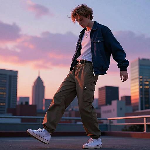 Photograph of a young man with tousled hair, wearing a black jacket, white shirt, brown pants, and white sneakers, walking on a rooftop