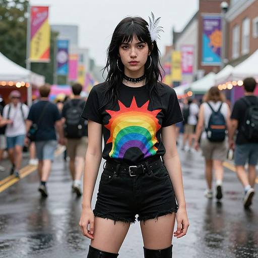 Photograph of a young woman with black hair, wearing a rainbow sunburst shirt, black shorts, choker, and thigh-high socks, standing in