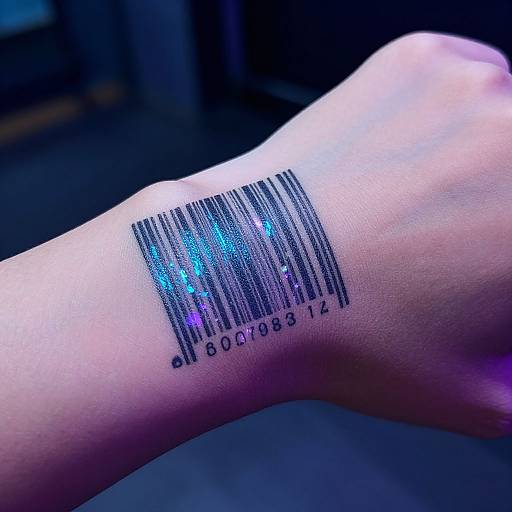 Photograph of a pale, slightly veined wrist with a barcode tattoo featuring glowing blue digits on a dark background.