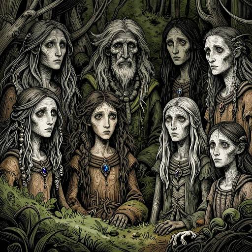 Digital drawing of six ethereal, forest-dwelling, long-haired children and an elderly man with beards, wearing brown cloaks and blue gem