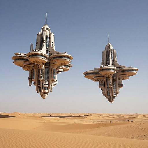 Photograph of two futuristic, floating spacecraft with sleek, white, cylindrical designs and multiple circular modules, hovering above a vast, sunlit desert with rip