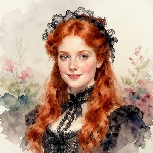 Digital watercolor portrait of a fair-skinned, red-haired Victorian woman with delicate features, lace headband, and black dress, set against a floral