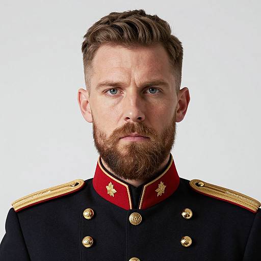 Photograph of a serious, blue-eyed, bearded white man with short brown hair, wearing a black military uniform with gold buttons and red collar,