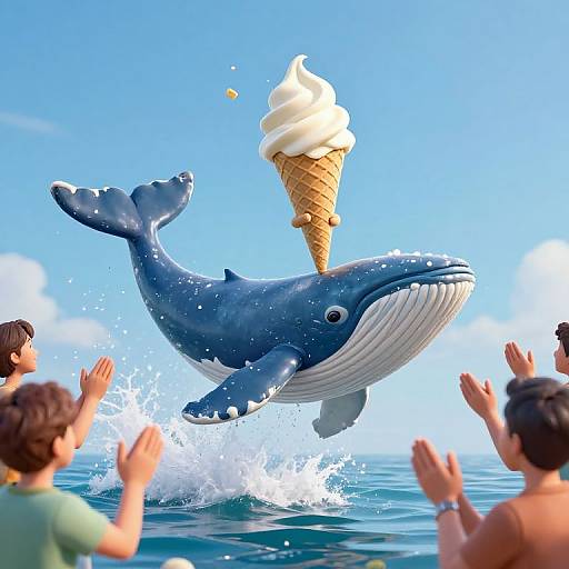 Digital artwork of a blue whale mid-jump with a giant ice cream cone on its back, surrounded by cheering people in the ocean under a bright blue