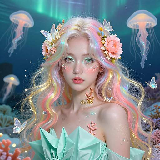 Digital artwork of a fair-skinned, ethereal mermaid girl with long, pastel rainbow hair, flower crown, glowing skin, and icy green