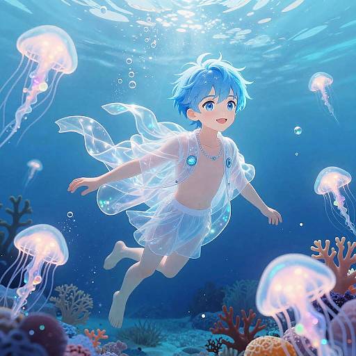 Digital anime-style artwork of a blue-haired, blue-eyed child underwater, wearing a translucent, glowing dress, surrounded by bioluminescent jellyfish and