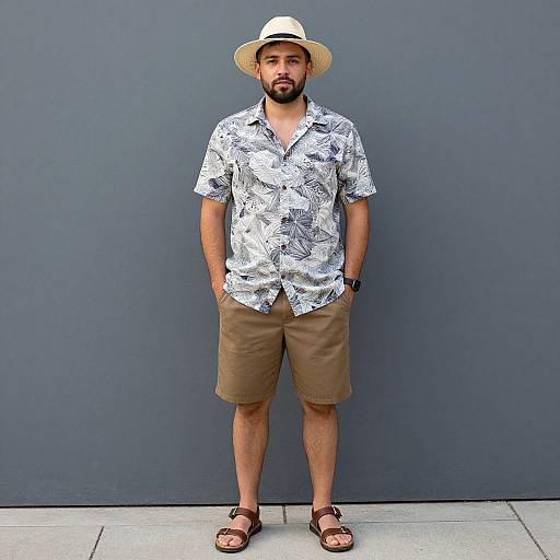 Photograph of a bearded man with light brown skin, wearing a white floral shirt, beige shorts, straw hat, brown sandals, standing against a