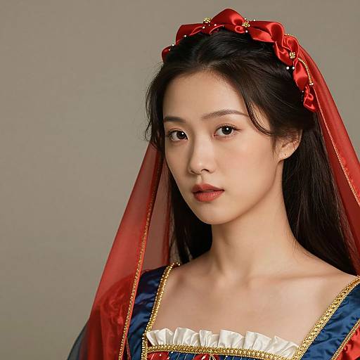 Photograph of an East Asian woman with fair skin, dark hair, and red lips, wearing a red veil, gold-trimmed blue and red