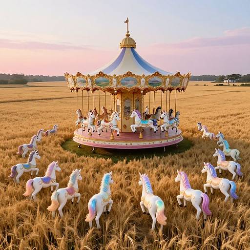 Photograph of a whimsical carousel with colorful unicorn statues in a golden wheat field at sunset, with a pastel sky.