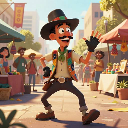 CGI cartoon of a cheerful, mustached, Latino man in a colorful vest, black hat, and gloves, dancing in a sunny, bustling market