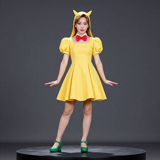 Photograph of a young woman in a bright yellow, puffed-sleeve dress with cat ears, red bow, and green shoes, standing on