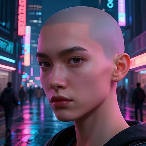CGI portrait of a bald, androgynous person with smooth skin, pinkish neon lighting, in a neon-lit urban street at night