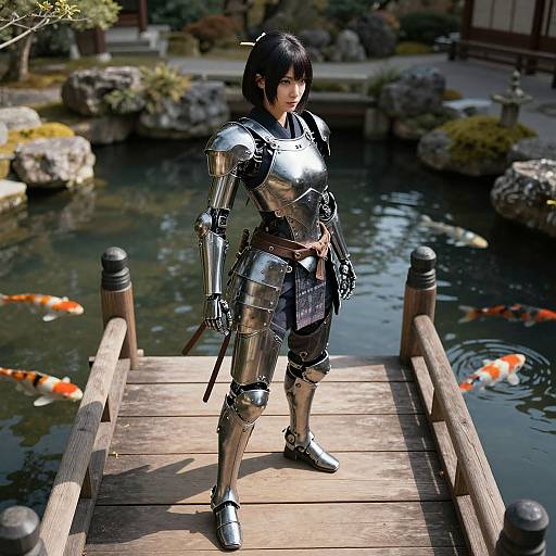 Photorealistic CGI of an Asian woman in shiny silver samurai armor standing on a wooden bridge over a koi pond garden.