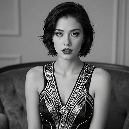 Monochrome photograph of a beautiful woman with short black hair, wearing an intricate, sleeveless black dress with geometric patterns, seated against a blurred, elegant