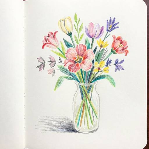 Watercolor painting of a glass vase filled with pink, yellow, and purple flowers, including tulips and carnations, on a white background.