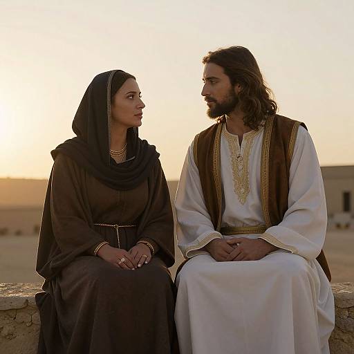 Photograph of a bearded man with long brown hair in white and brown robes, sitting beside a woman in a black veil and dress, against a