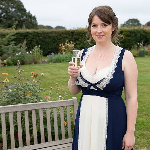 Photograph of a fair-skinned, brown-haired woman in a black and white maid dress, holding a champagne glass, standing in a garden with blo