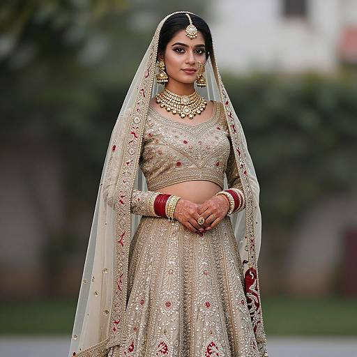 Photograph of an Indian bride in a traditional beige and red embroidered lehenga, veil, and gold jewelry, standing outdoors with a blurred green background.