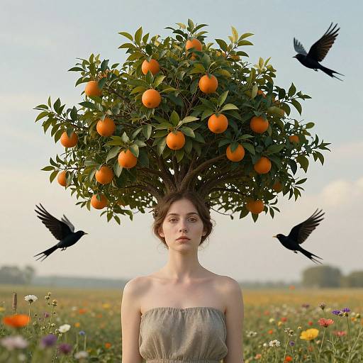 Photograph of a pale-skinned woman with short brown hair, wearing a strapless grey dress, standing in a colorful field, with an orange tree