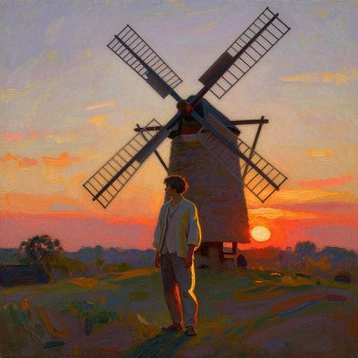 Digital painting of a man in a white shirt and pants, standing in front of a sunset-lit windmill, with vivid orange and purple sky.