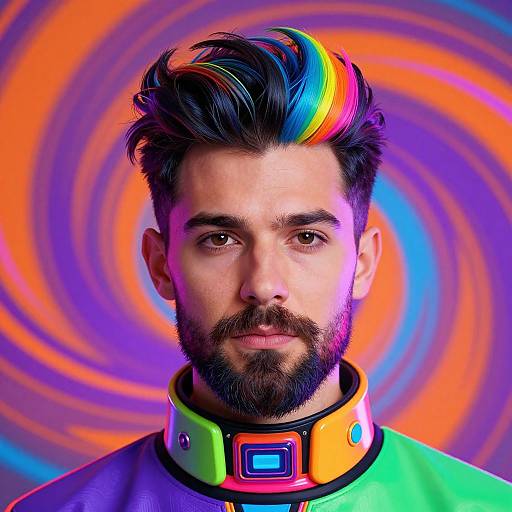 Photograph of a bearded man with dark hair and rainbow streaks, wearing a neon collar, against a swirling orange-purple background.