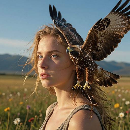Photograph of a young woman with fair skin and long blonde hair, wearing a sleeveless top, with two eagles perched on her head in