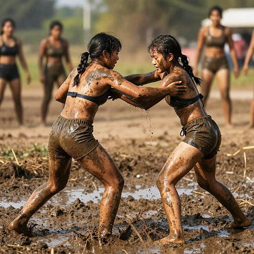 Photograph of two muddy, shirtless women in sports bras and shorts, wrestling in a muddy field with other women in the background.