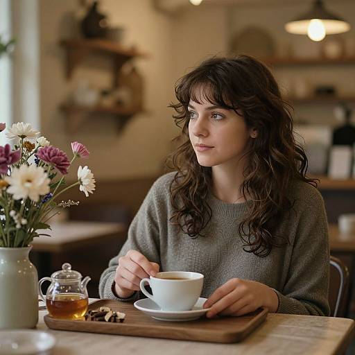Photograph of a young woman with curly brown hair, wearing a gray sweater, sitting at a café table with flowers and tea.