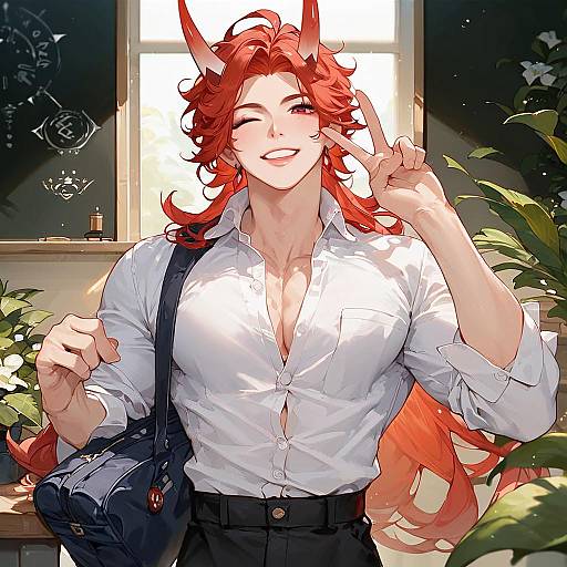 Winking Oni Student in School Café