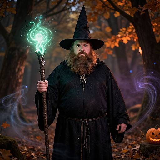 Photograph of a bearded wizard in black robe and hat, holding a glowing staff, standing in an autumn forest with glowing pumpkins.