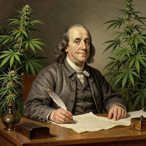 18th-century portrait of Benjamin Franklin writing with a quill, surrounded by cannabis plants, dark suit, wooden desk, ink bottle, and inkwell
