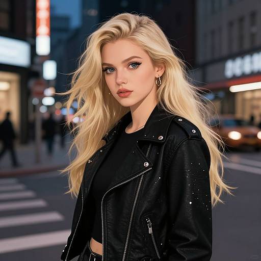 Photograph of a blonde woman with long hair, wearing a black leather jacket, standing on a city street at night. Blurred neon signs and pedestrians