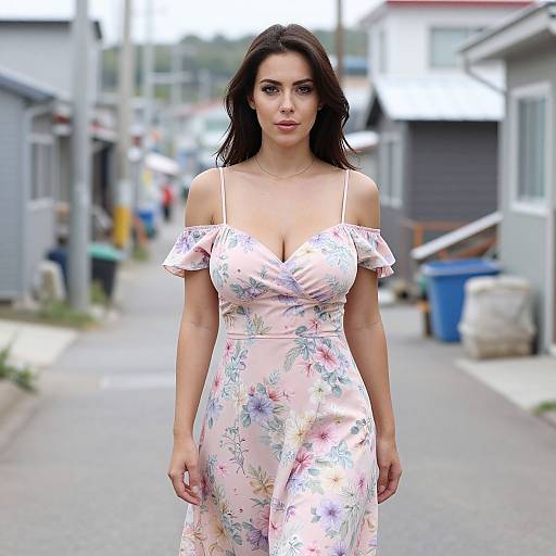 Photograph of a brunette woman with fair skin, wearing a floral off-shoulder dress, standing on a blurred suburban street.
