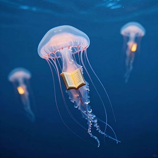 Photograph of three glowing jellyfish with transparent, bell-shaped bodies and delicate, flowing tentacles, one with a book-shaped object attached, floating in