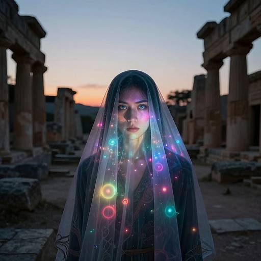 Photograph-style digital art of a mysterious woman with glowing neon lights in her veil, standing in ancient ruins at sunset.